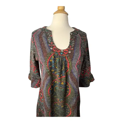 24seven Comfort Apparel Tunic Dress Mandala Print 3/4 Sleeve Women Size XL Gray
