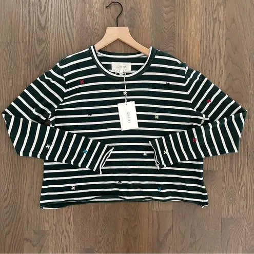 The Great NWT The Long Sleeve Crop Tee Emerald Stripe w/ Multi Folk Embroidery