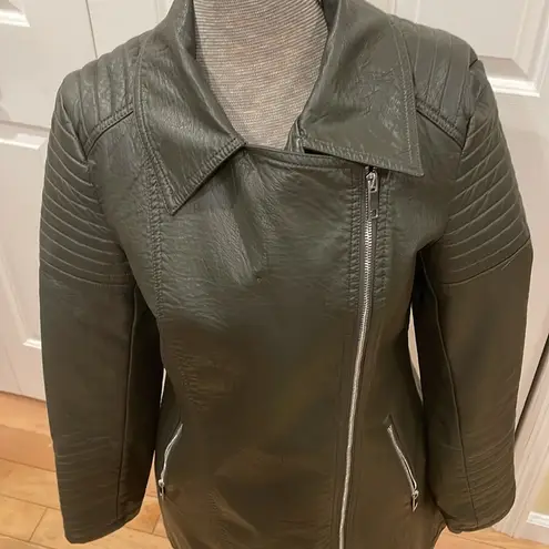 Love Token olive green vegan leather with faux fur removable collar moto jacket Size M