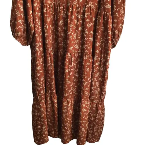 Kervology Plus Size Dipsy Floral Rust and cream Prairie Boho Midi Dress Nwot