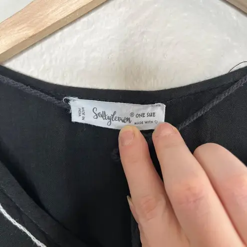 Salty Lemon Black Embroidered Boho Poncho Tunic Tassel Tie Top OS