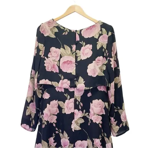Kay Unger Vintage 1980s 100% Silk Dress Black & Pink Roses Button Back Size 8