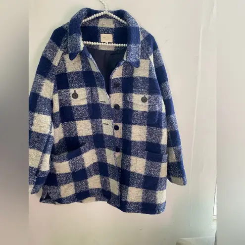 Sézane Sezane Blue and Cream Checkered wool winter Teddy Jacket