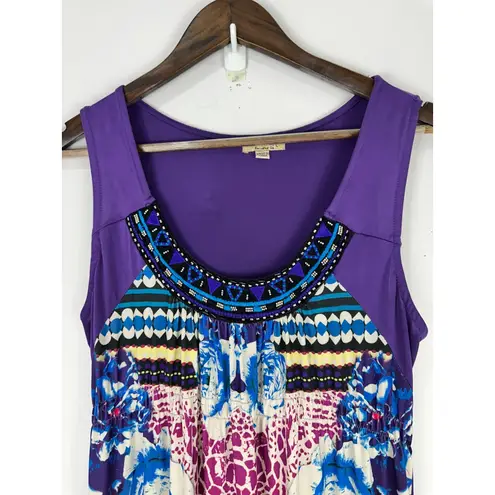 One World One World Maxi Dress M Purple Blue Boho Festival Tribal Floral Beaded Resort