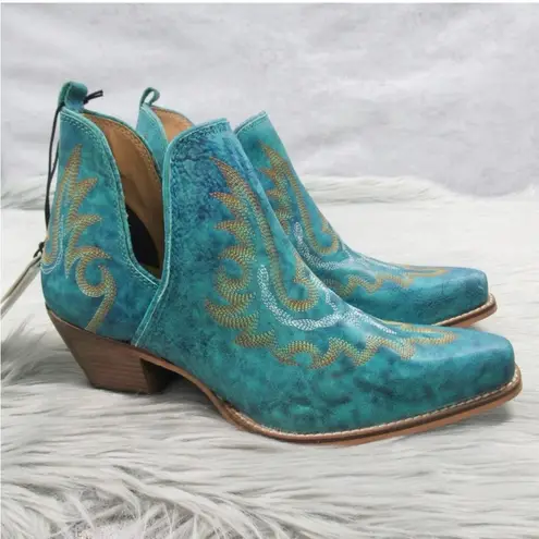 MYRA Turquoise Embroidered Leather Block Heel Western Ankle Booties Women Size 7 Blue
