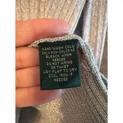 Ralph Lauren Women V neck Sweater sz M Fisherman Silk Silver Long Sleeves Y2K Size M