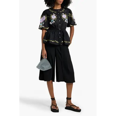 Farm Rio Anthropologie Winter Garden Embroidered Blouse Black Purple Size Small