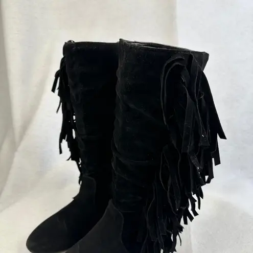 Black Suede Leather Fringe Slouch Boots Womens 6 Boho Western Festival Style