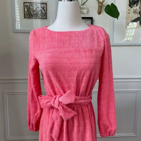 Vintage 70s Coral Terry Cloth Long Sleeve Dress Teena Paige XS S Orange