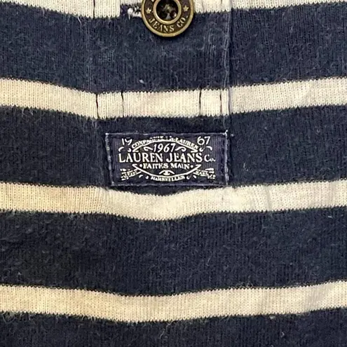 LRL Lauren Jeans Co. Striped Henley Top Women Medium 3/4 Sleeve Front Button Blue