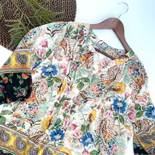 Figueroa & Flower Womens Shirt Blouse Sheer Floral Mixed Print 3/4 Sl Plus 1X Gold