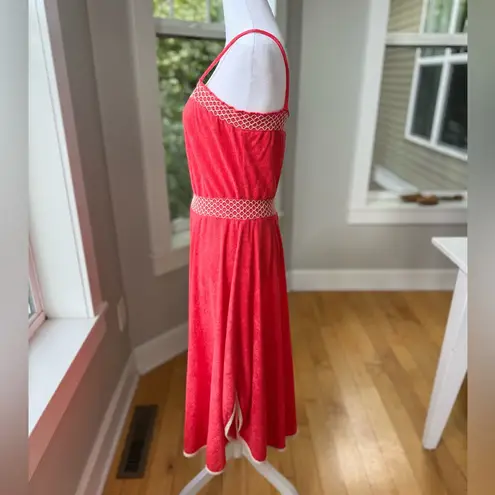 Vintage 70’s 80’s Ginger Snaps Coral Red White Terrycloth Dolphin Hem Midi Dress