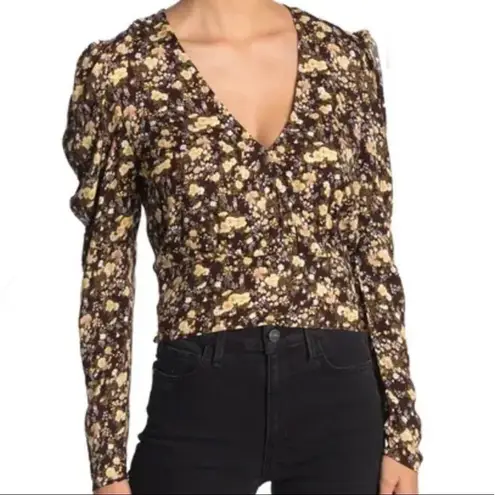 AFRM Mini Floral Cropped Long Puff Sleeve Wrap Blouse M Brown Size M