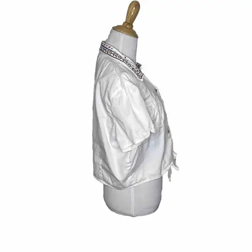 Rhythm Blue Western Embroidered Button Front White Crop Tie Cowgirl Rodeo Sz L