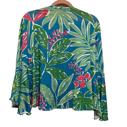 TABI FLORAL TROPICAL BLUE GREEN PINK STRETCHY BOHO BELL SLEEVE OPEN CROP CARDY L Size L