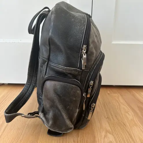 Vintage Leather Backpack Travel Daypack Bag Silver Zipper Adjustable Straps Black