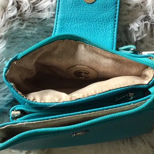 CROSSBODY/CLUTCH has 2 major compartments 1middle zipper pocket and a top zipper Green