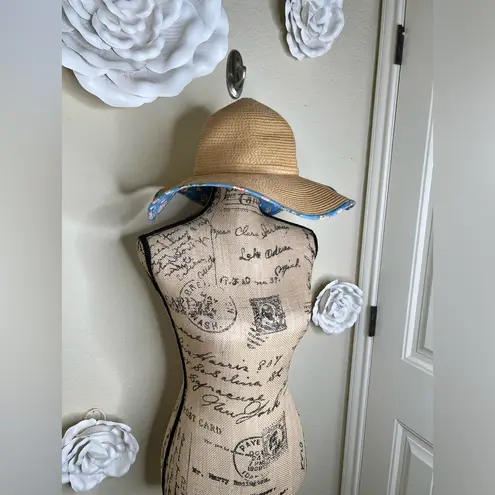 NTM: David & Young Floppy Straw Hat with Blue Floral Print Sz OS Tan