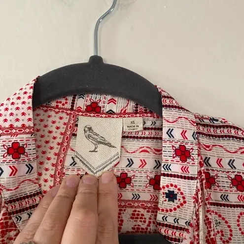 White Crow Red Patchwork Tie Front Blouse Button Down Shirt Women’s XS