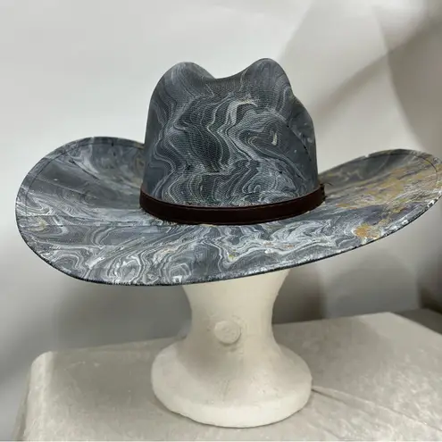 Distressed marble gold glazed Cowboy Hat w/Brown Leather Star concho Band unisex Blue Size M