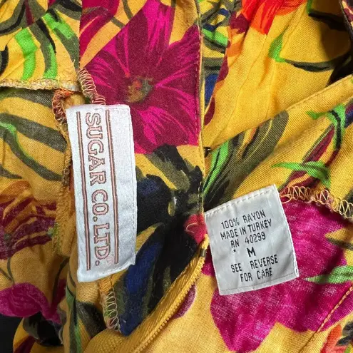 Vintage Sugar Co Hawaiian Yellow Floral Print Shorts Romper Size M Tie Belt Y2K Size M