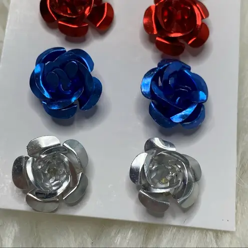 4 Large Metallic Rose Metal Stud Earrings Flawed Gold