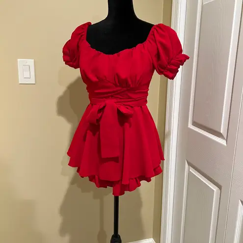 Romper jumpsuit ruffle skorts short sleeve one piece flounce sleeve belted hem Red