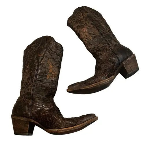 Corral Vintage Distressed Inlay Leather Pointed Toe Cowgirl Boots, Sz 8.5