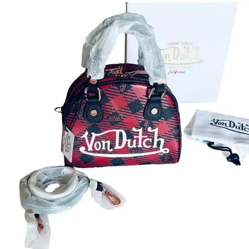 Von Dutch NEW Red & Black Plaid HANDBAG Bowling Bag Crossbody Satchel Purse NWT