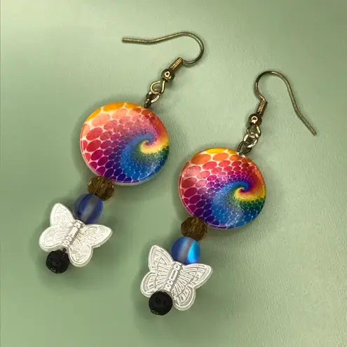 Colorful Tie Dye Shell Spiral Hippie Earrings Blue