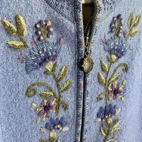 Vintage Blue Icelandic Design  Wool Floral Embroidered Jacket Cardigan Sz M