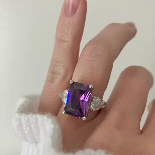 Large Purple Emerald Cut Stone Silver Ring “Violette” China Amethyst Art Deco Jewelry