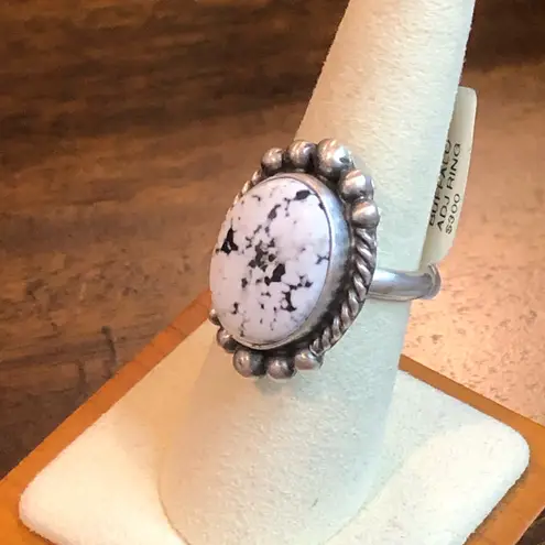 WHITE BUFFALO Turquoise Sterling Silver Cabochon Navajo Handmade Ring Adjustable