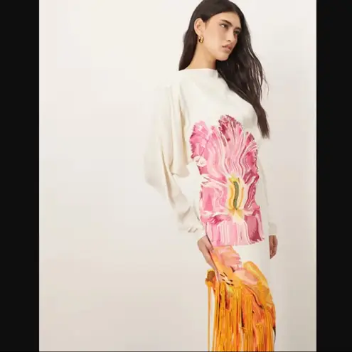 ASOS ARRANGE Maxi Dress Embroidered Floral 4 Long Sleeve White Pink Orange