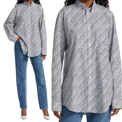 Balenciaga Micro Brand Print Cotton Blouse White Black Logo Button Down