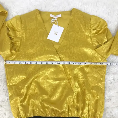 WAYF Sav Yellow Gold Snake Print Bodysuit Low Cut Long Puff Sleeve Medium New