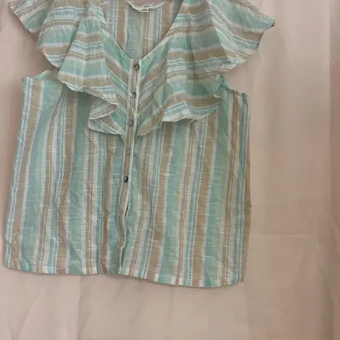 French Laundry Green Blue Ruffled Bib Collar Blouse