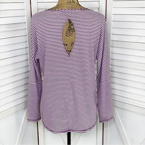 Zelos Striped Keyhole Back Long Sleeve Shirt Purple White Medium Tee