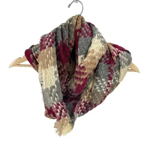 infinity Womens  Circle Scarf Wrap Woven Plaid Warm Neck Accessory Gray Maroon