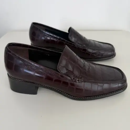 Vintage Nino Cerruti Loafers Womens 6 Croc Embossed Leather Square Toe Oxblood Black