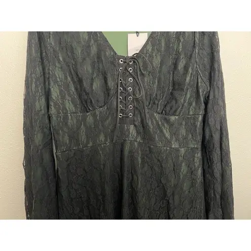 Hot Topic Black Green Lace-Up Hanky Hem Long Bell Sleeve Witchy Dress Mall Goth Grunge XL