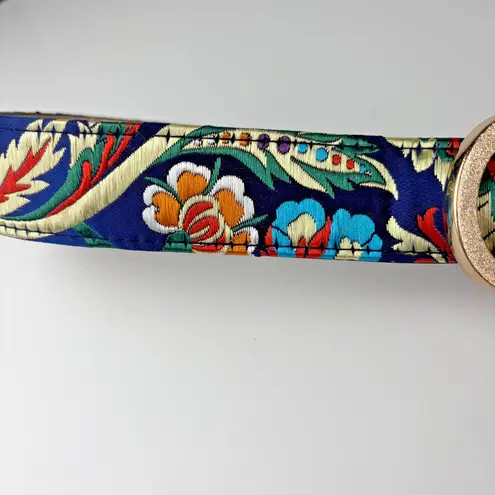 Women's Floral Satin Embroidered Belt Gold Oval Buckle Boho Vintage Style 35"