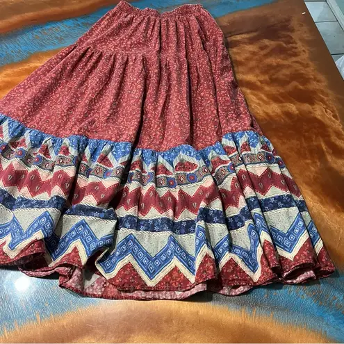 Vintage Roper Western Bohemian Patterned tiered maxi skirt Made USA small red Blue