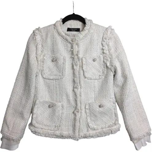 Tammy Tangs White Tweed Frayed Trim Button Front Jacket Long Sleeve Size M Size M
