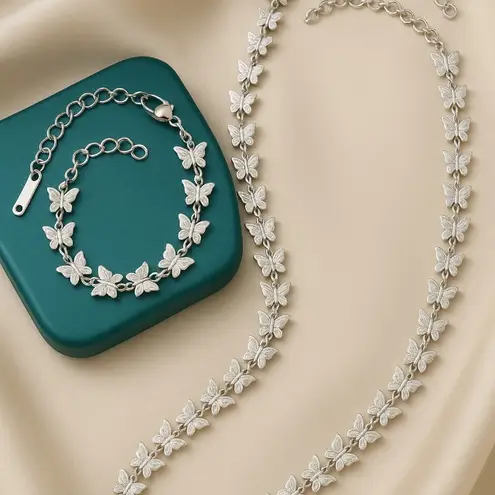 Antian Accessories™ Silver Butterfly Titanium Steel Necklace & Bracelet Set