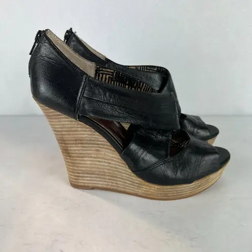 Seychelles Sandals Womens 8.5 Black Leather Wedge Stacked Heel Criss Cross