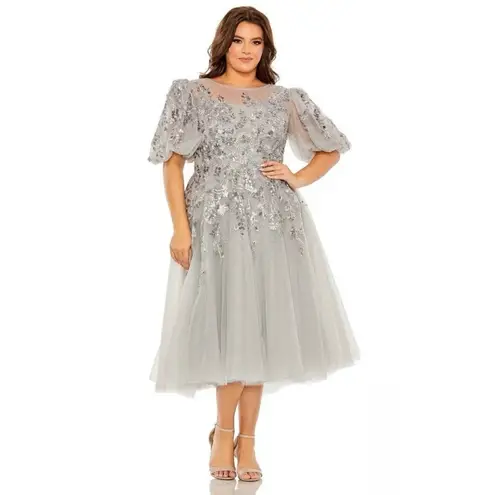 Mac Duggal 20475 Silver Gray Sequin Beaded Tulle Midi Dress Size 12 NWT