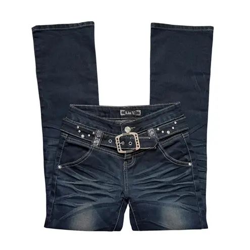 Lin °C dark wash distressed blue belted boot cut flared jeans women's size 27/4