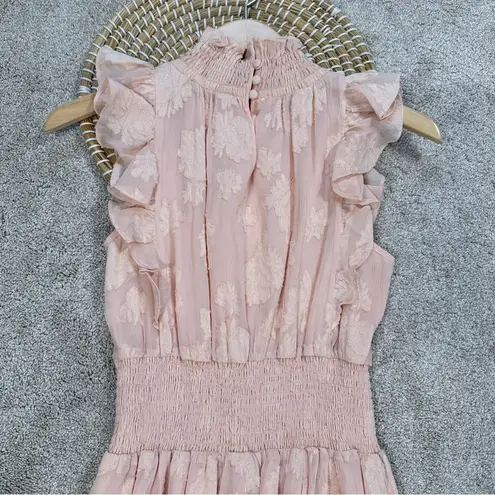 Rebecca Taylor Silk Blend High-Smocked Floral Fil Coupé Midi Dress Blush Pink 2