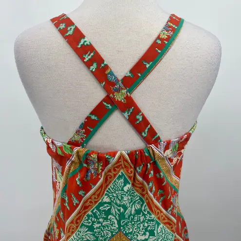 Vintage 70s Striped Maxi Dress Crossback Sleeveless Red Green Gold Womens Small